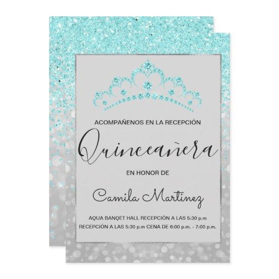 Quinceanera RSVP Teal Blue Girly Glitter Sparkle