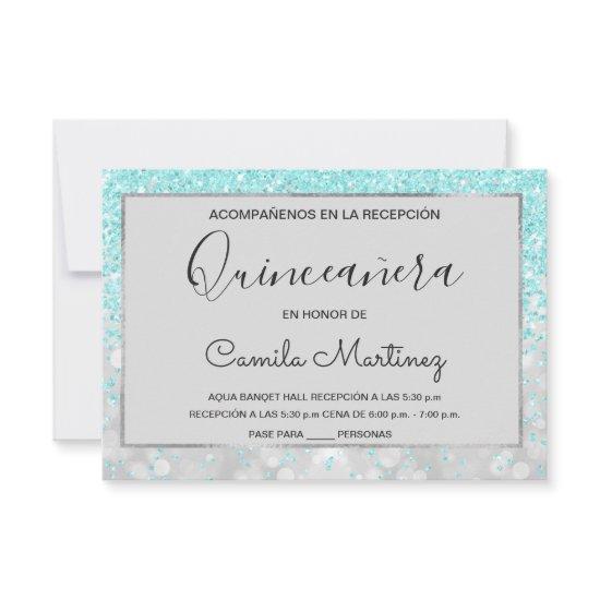 Quinceanera RSVP Teal Blue Girly Glitter Sparkle