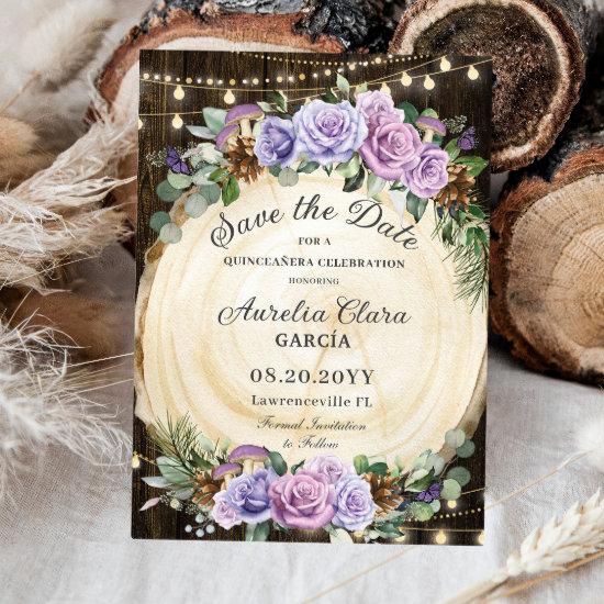 Quinceañera Rustic Purple Floral Enchanted Forest Save The Date
