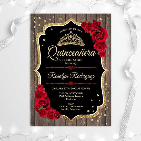 Quinceanera - Rustic Wood Gold Red