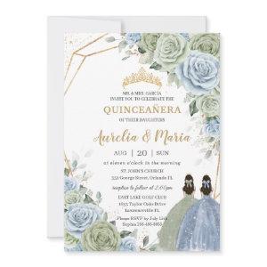 Quinceañera Sage Green Baby Blue Floral Twins Gold