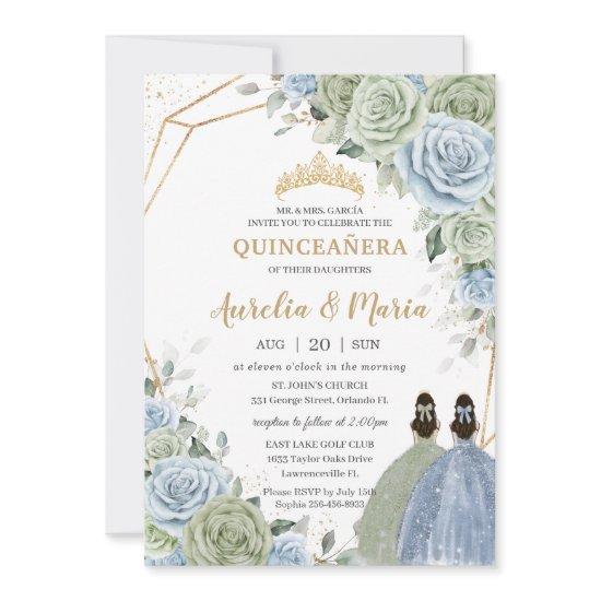 Quinceañera Sage Green Baby Blue Floral Twins Gold