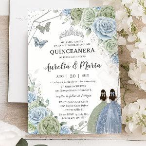 Quinceañera Sage Green Blue Floral Twins Silver