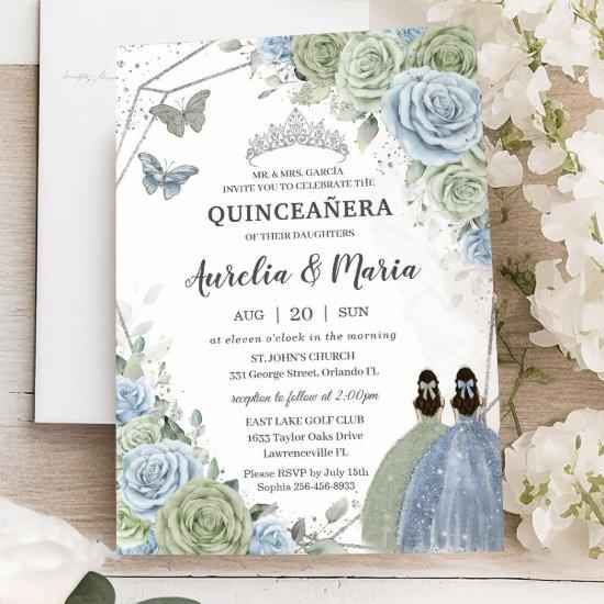 Quinceañera Sage Green Blue Floral Twins Silver