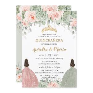 Quinceañera Sage Green Blush Floral Gold Twins