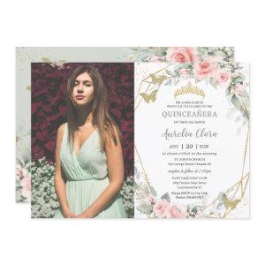 Quinceañera Sage Green Butterflies Pink Floral