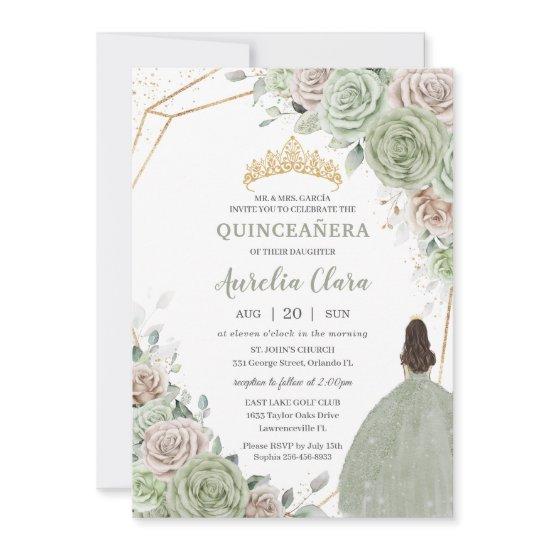 Quinceañera Sage Green Champagne Gold Floral