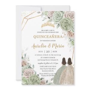 Quinceañera Sage Green Champagne Gold Floral Twins