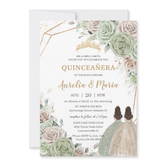 Quinceañera Sage Green Champagne Gold Floral Twins