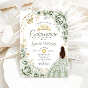 Quinceanera Sage Green Dress Floral Gold