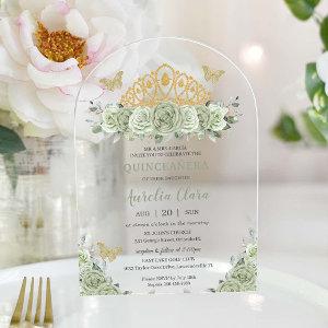 Quinceañera Sage Green Floral Gold Crown Butterfly Acrylic