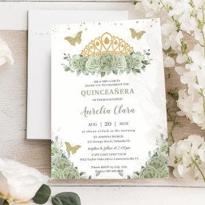 Quinceañera Sage Green Floral Gold Crown Butterfly