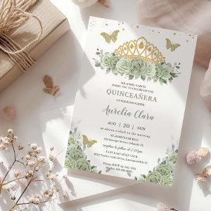 Quinceanera Sage Green Floral Gold Crown Butterfly