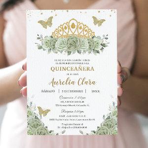 Quinceañera Sage Green Floral Gold Crown Español