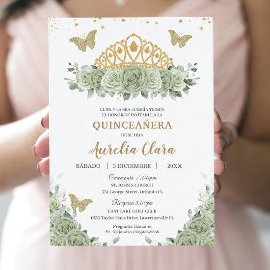 Quinceañera Sage Green Floral Gold Crown Español
