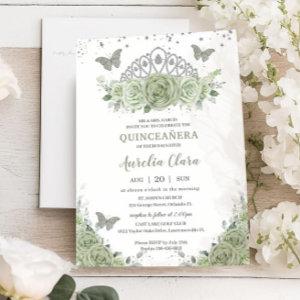 Quinceañera Sage Green Floral Roses Silver Crown