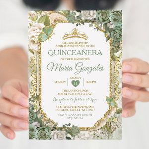 Quinceañera Sage Green & Gold Crown Butterfly