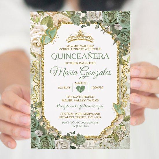 Quinceañera Sage Green & Gold Crown Butterfly