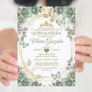 Quinceañera Sage Green & Gold Crown Butterfly