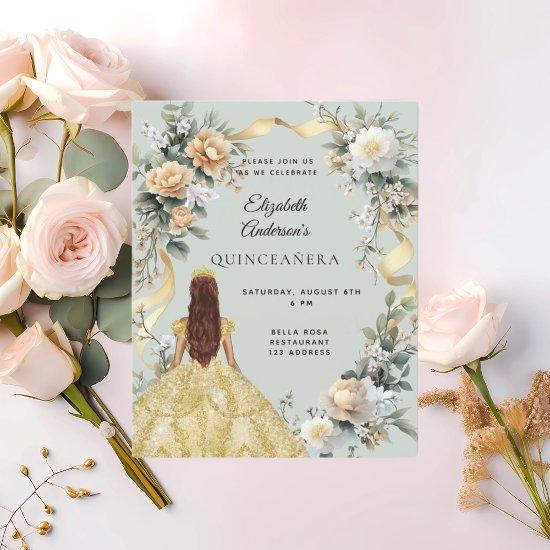 Quinceanera sage green gold dress roses