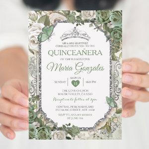 Quinceañera Sage Green & Silver Crown Butterfly