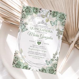 Quinceañera Sage Green & Silver Crown Butterfly