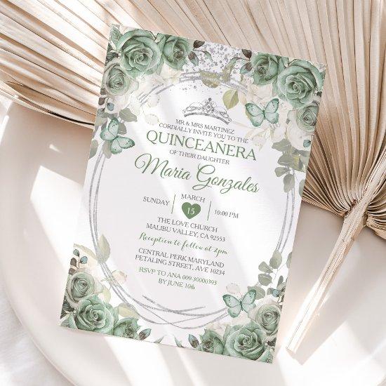Quinceañera Sage Green & Silver Crown Butterfly