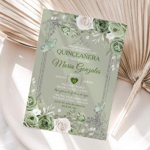 Quinceañera Sage Green Silver Crown Butterfly