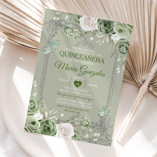 Quinceañera Sage Green Silver Crown Butterfly