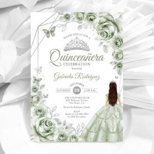 Quinceanera Sage Green Silver Dress Floral