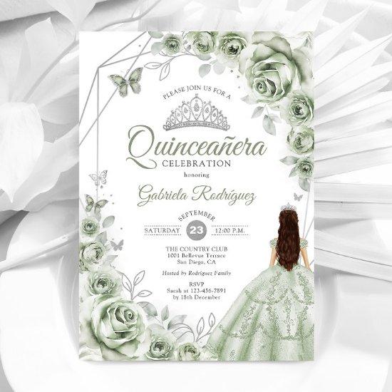 Quinceanera Sage Green Silver Dress Floral