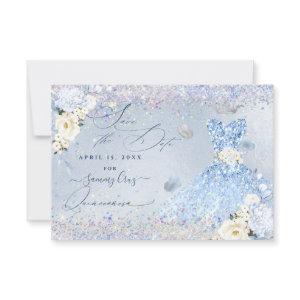 Quinceanera Save Date Blue Holographic Confetti