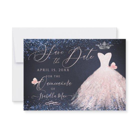 Quinceanera Save Date Butterfly Blush Gown Navy