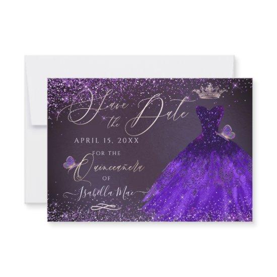 Quinceanera Save Date Butterfly Ultra Violet Gown