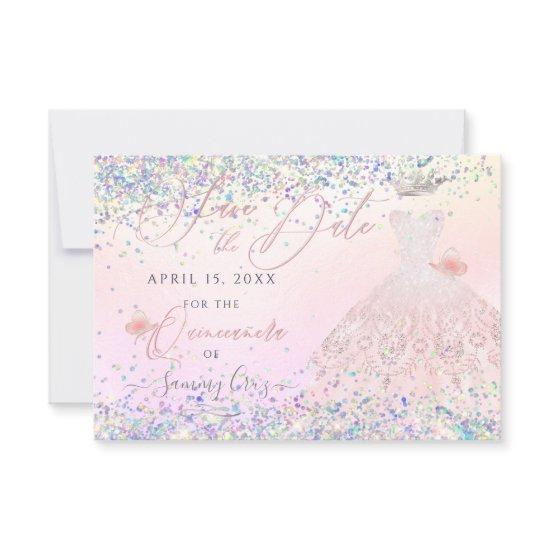 Quinceanera Save Date Holographic Confetti  Invita