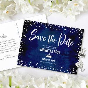 Quinceañera Save Date Navy Silver Glitter Crown  Postcard
