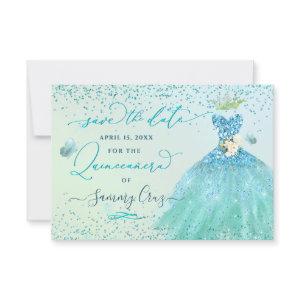 Quinceanera Save the Date Aqua Glitter Dress