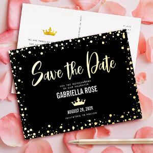 Quinceañera Save the Date Black Crown Real Gold Foil  Postcard