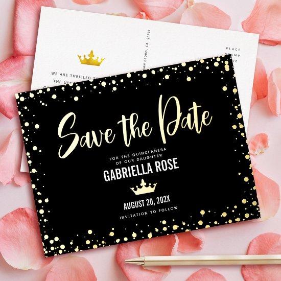 Quinceañera Save the Date Black Crown Real Gold Foil  Postcard