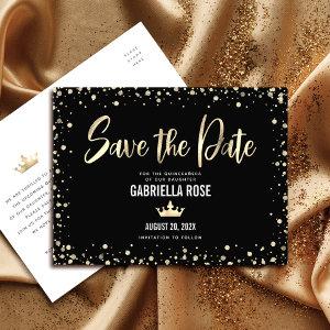 Quinceañera Save the Date Black Gold Glitter Crown  Postcard