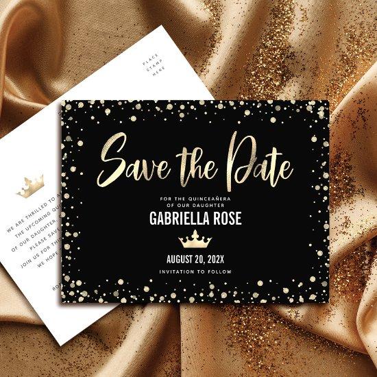 Quinceañera Save the Date Black Gold Glitter Crown  Postcard