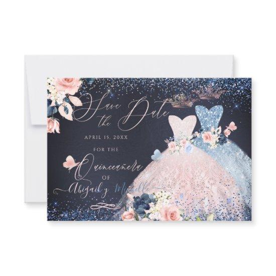 Quinceanera Save the Date Blush Dusty Blue Gowns