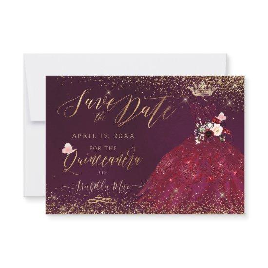 Quinceanera Save the Date Burgundy Gown  Invitatio