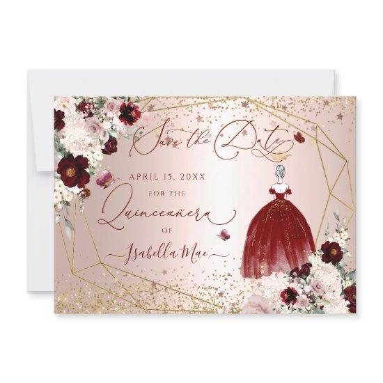 Quinceanera Save the Date Burgundy Gown