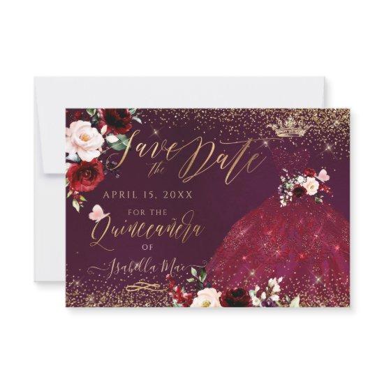 Quinceanera Save the Date Burgundy Gown