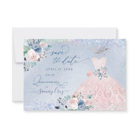 Quinceanera Save the Date Dusty Pink Blue Peonies