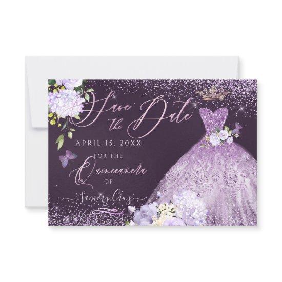 Quinceanera Save the Date Dusty Purple Gown  Invit