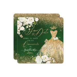 Quinceanera Save the Date Faux Glitter Gold Gown