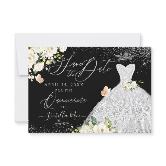 Quinceanera Save the Date Faux Glitter White Gown