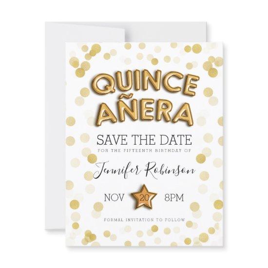 Quinceanera Save The Date Gold Balloons Glitter